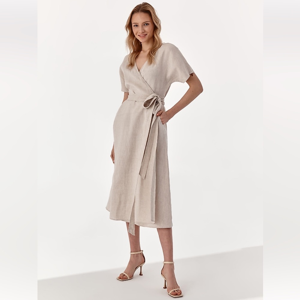 Linen Wrap Dress Size‎ M 40 Linen Beige Midi